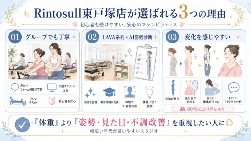 Rintosull東戸塚店の強み3つをまとめた図解
