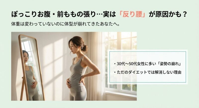 ぽっこりお腹や前ももの張りは反り腰が原因かもしれない、30〜50代女性向けの導入スライド