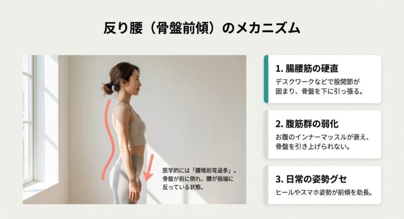 反り腰の仕組みを図解。腸腰筋の硬直・腹筋群の弱化・日常の姿勢グセが骨盤前傾を招く