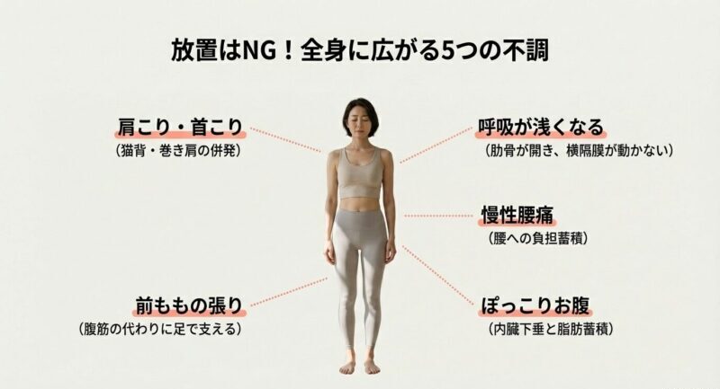 反り腰の放置で起こりやすい不調を図解。肩首こり、浅い呼吸、慢性腰痛、ぽっこりお腹、前ももの張り