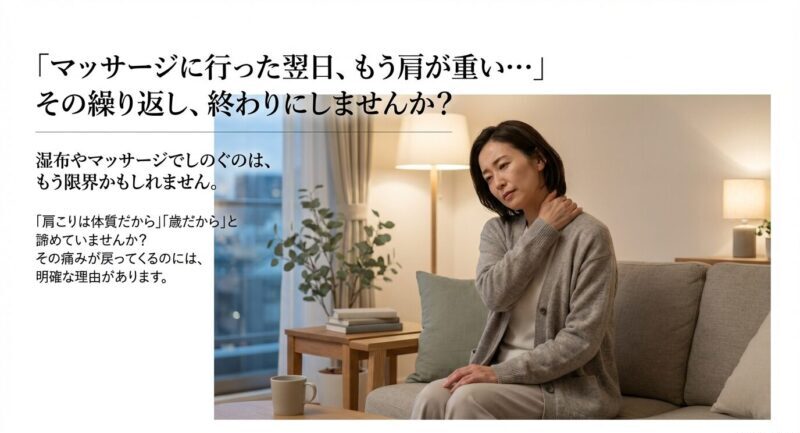 マッサージ翌日に肩が重く感じて首肩を押さえる女性。肩こりが戻る悩みを表すイメージ