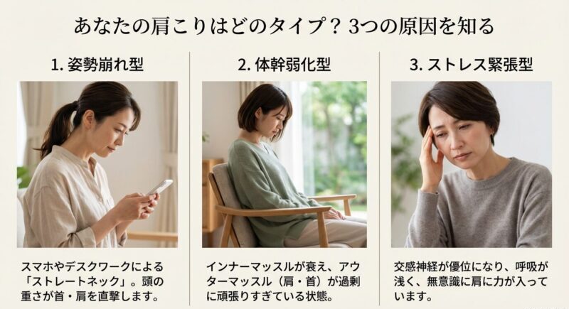肩こりを姿勢崩れ型・体幹弱化型・ストレス緊張型の3つに分類し特徴を示す図