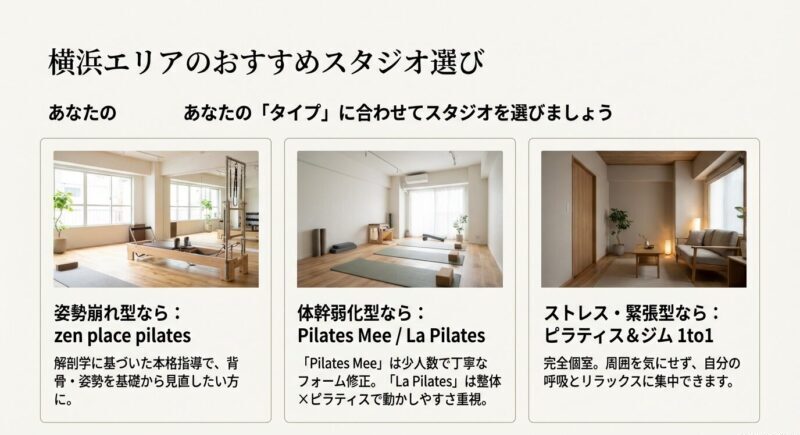 肩こりのタイプ別に、姿勢崩れはzen place、体幹弱化はPilates Mee・La Pilates、ストレス緊張は1to1が向くと示す比較カード