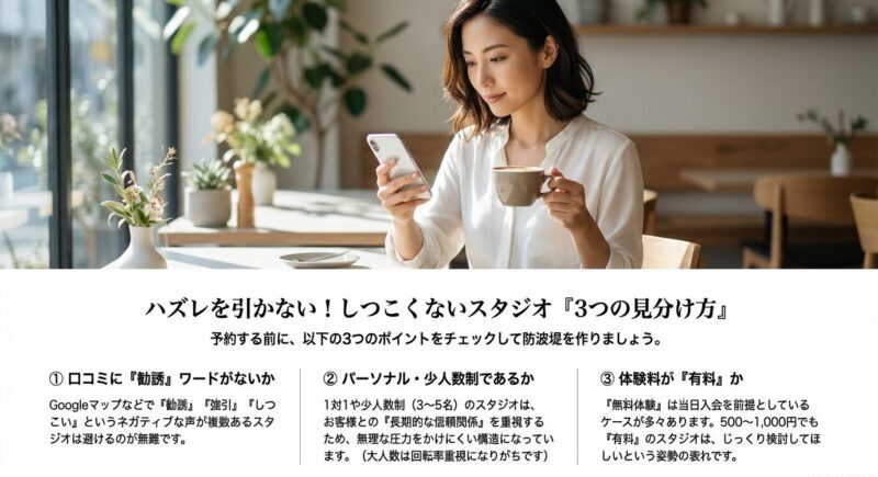 見分け方は①口コミに勧誘ワードがない②パーソナル・少人数制③体験料が有料、の3点とまとめたスライド