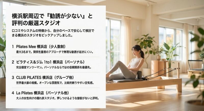 Pilates Mee、ピラティス＆ジム1to1、CLUB PILATES、La Pilatesの4スタジオを“勧誘が少ない”観点で紹介する一覧スライド