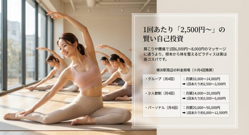 横浜駅周辺のピラティス料金相場を月4回換算で示し、1回あたり2,500円〜と説明する図