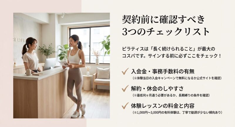 ピラティス契約前に確認したい3項目（入会金/事務手数料、解約/休会、体験料金/内容）をまとめたチェック表