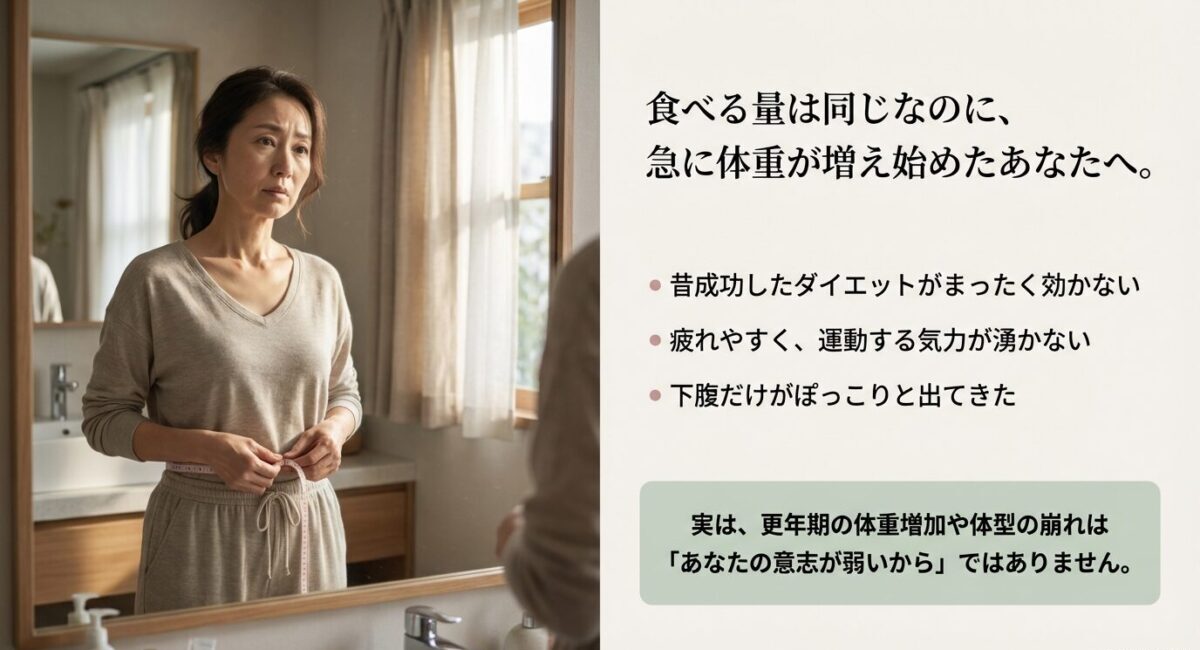 更年期で食事量は同じなのに体重が増えた悩みと、意志の問題ではないことを伝えるスライド
