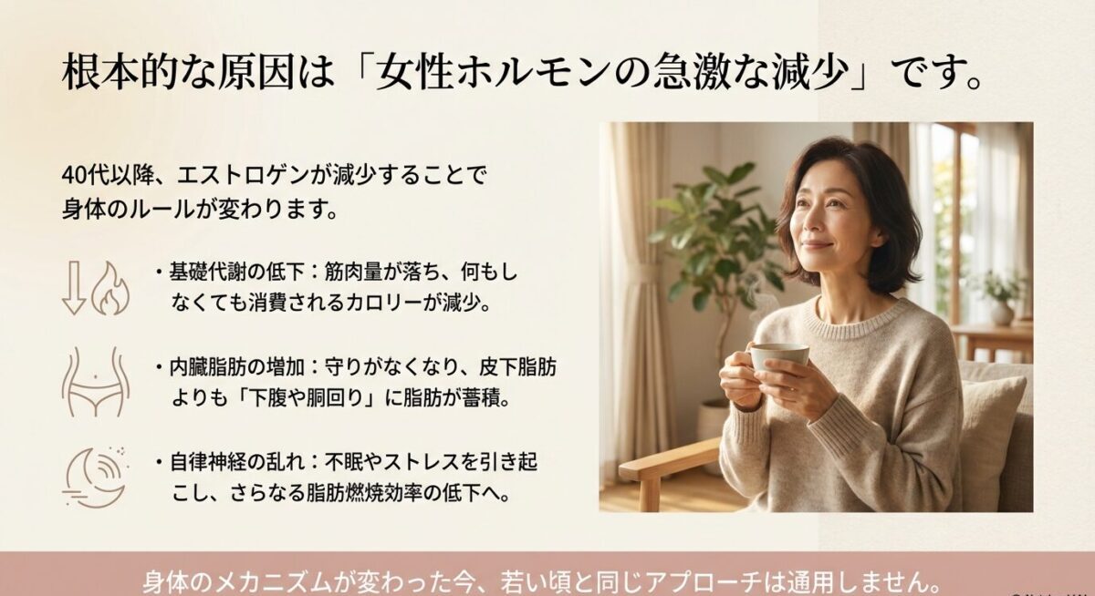 更年期のエストロゲン減少により基礎代謝低下・内臓脂肪増加・自律神経の乱れが起きることを示す図