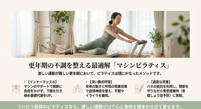 更年期にピラティスが有効な理由としてインナーマッスル・胸式呼吸・適度な荷重を示す図解