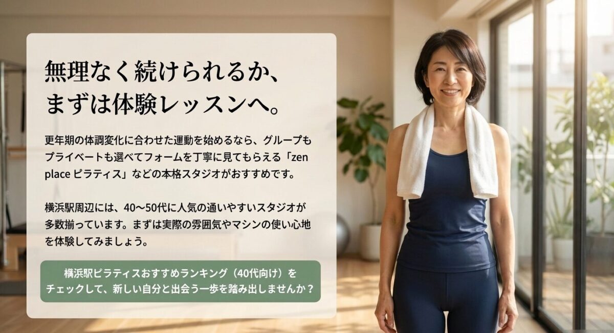 更年期の体調変化に合わせて無理なく続けられるか体験レッスンで確認することを促すスライド