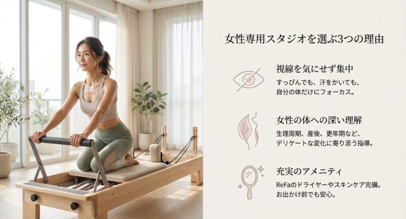 女性専用ピラティススタジオのメリット（視線を気にせず集中・女性の体への理解・アメニティ）