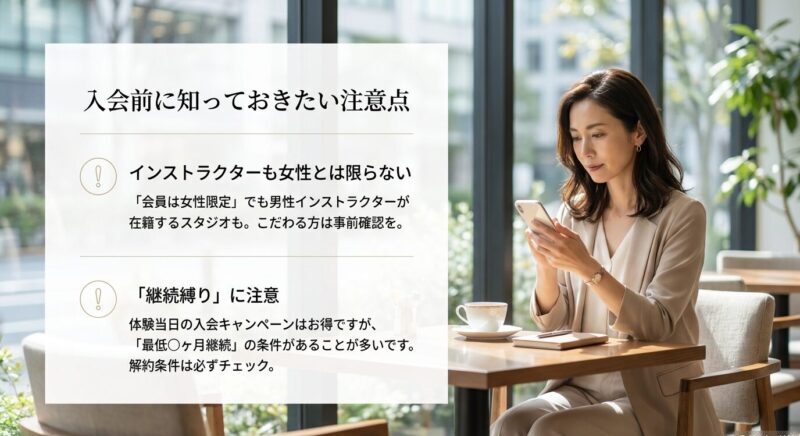 女性専用ピラティススタジオの入会前の注意点（男性インストラクター・継続縛り）