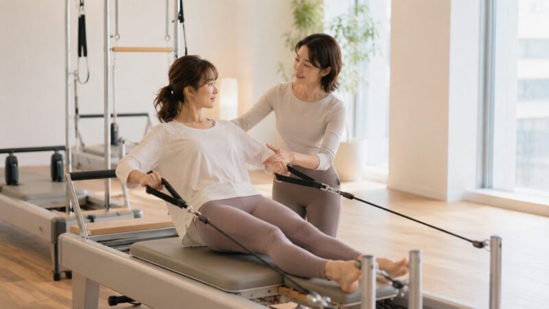 初心者の日本人女性が、マシンピラティスのパーソナルレッスンで指導を受ける様子