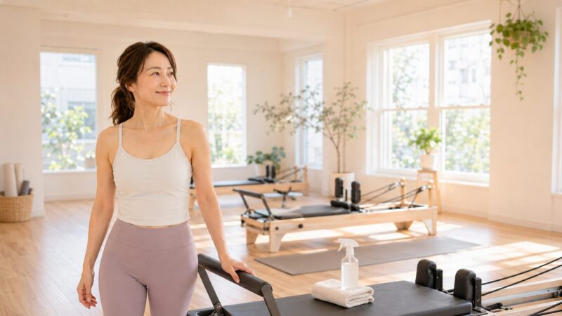 清潔なピラティススタジオでリフォーマーや清掃状態を確認する40代の日本人女性