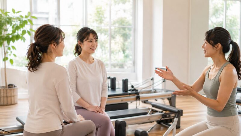 明るいピラティススタジオで、グループレッスンの説明を受ける日本人女性たち