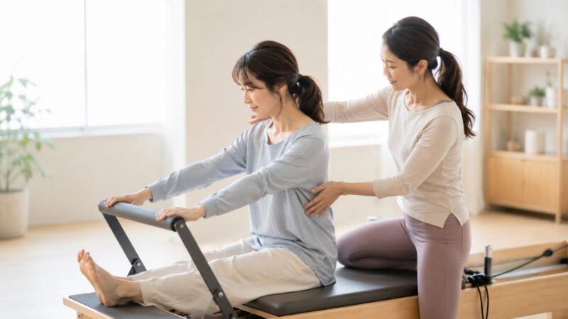 初心者がインストラクターの指導を受けながら安全にピラティスを体験する様子