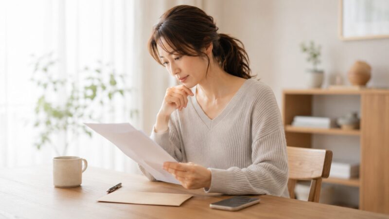 ピラティス契約の解約期限や違約金について書類を確認する日本人女性