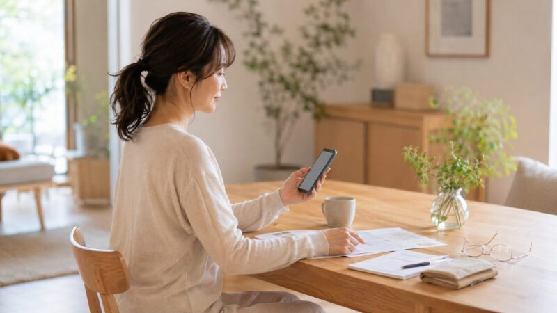 自宅でピラティスの料金と契約条件を確認する40代の日本人女性