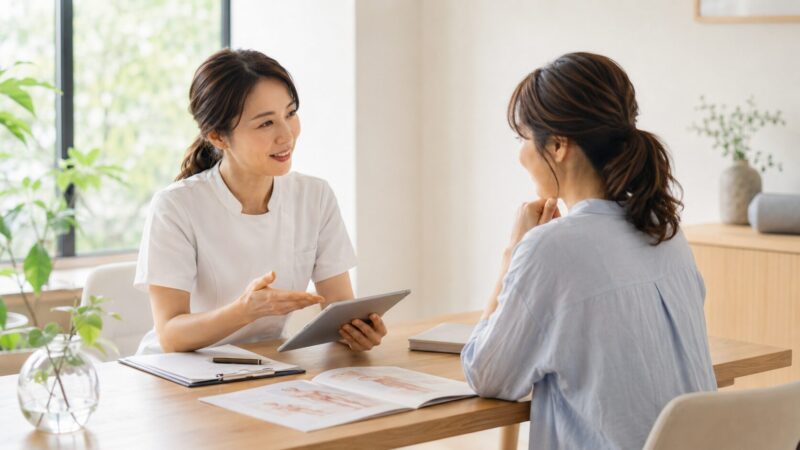 ピラティス開始前に女性の健康や身体の不安を専門家へ相談する様子