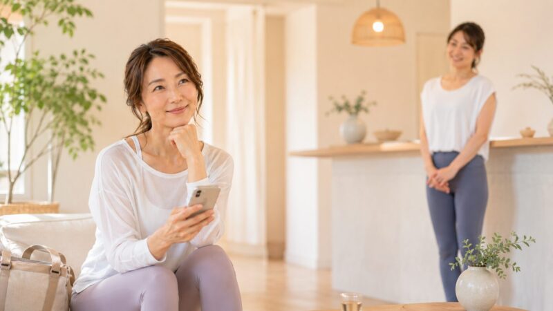 ピラティス体験後に無理な勧誘を受けず入会契約を落ち着いて検討する40代の日本人女性