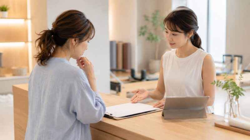 ピラティススタジオ入会前に契約条件や料金を確認する日本人女性