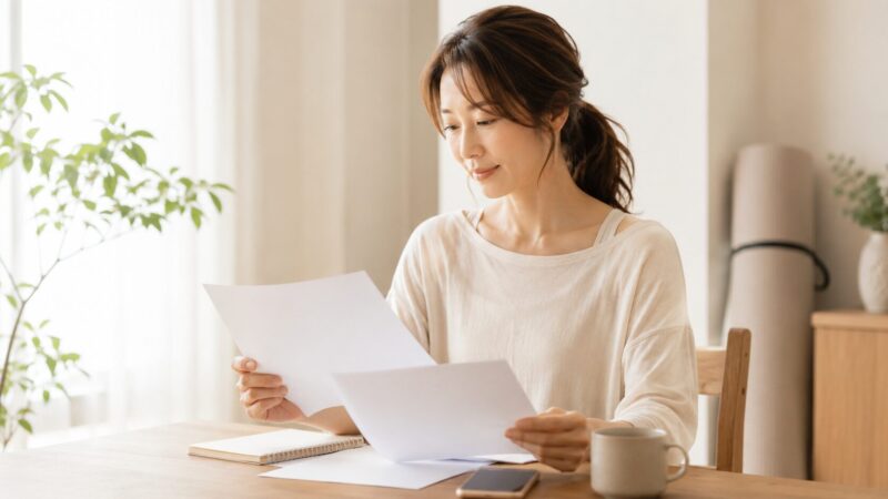 ピラティスの月謝や入会金など契約前の総費用を書類で確認する日本人女性