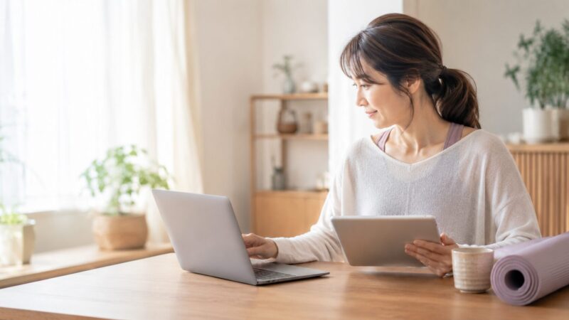 ピラティスを始める前に公式情報や公的情報を確認する日本人女性