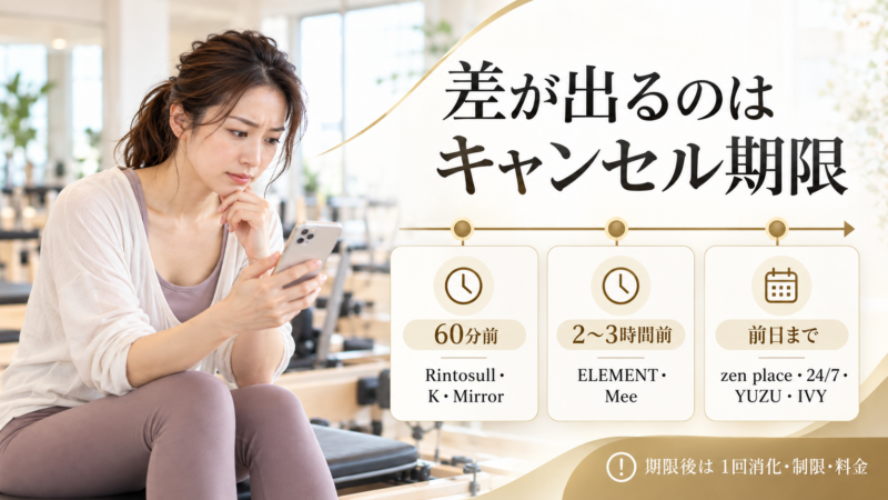 ピラティスのキャンセル期限を60分前・2〜3時間前・前日までの3区分で比較した図解