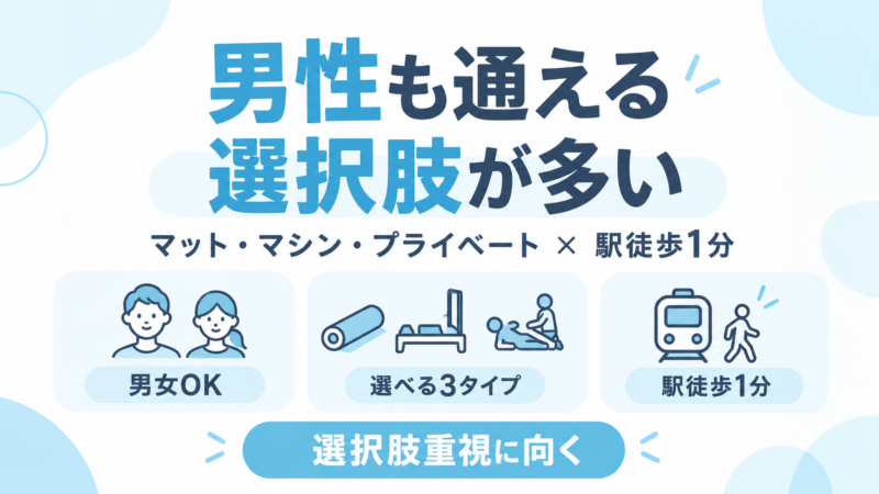 男性も通える、マット・マシン・プライベートを同じスタジオで選べる、駅徒歩1分